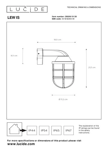 Lucide LEWIS - Wall light Indoor/Outdoor - 1xE27 - IP44 - Black - technical